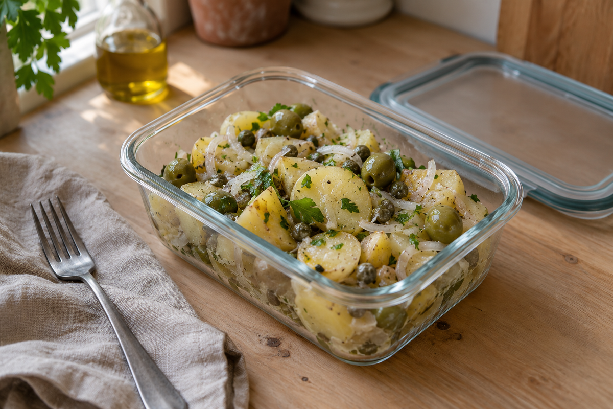 Kartoffelsalat mit Kapern und Oliven in einer Vorratsdose