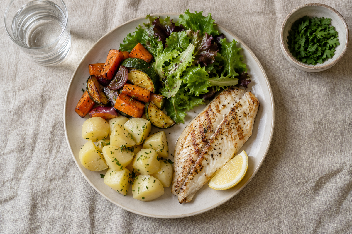 Ein Teller nach der BodyReset-Methode: Kartoffeln, Gemüse, Salat und ein Stück Fisch