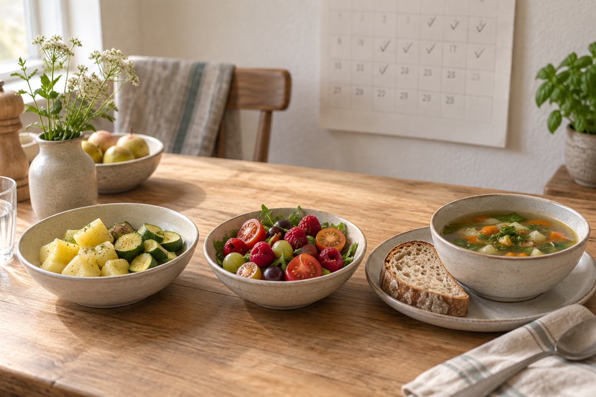Drei Schalen auf dem Küchentisch: Kartoffeln mit Zucchini, bunter Salat mit Beeren, Brot mit Gemüsesuppe – die drei Schritte der Methode