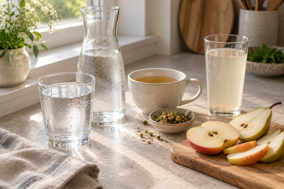 Glas stilles Wasser, Karaffe, Kräutertee und stark verdünnter Apfelsaft auf der Küchenablage