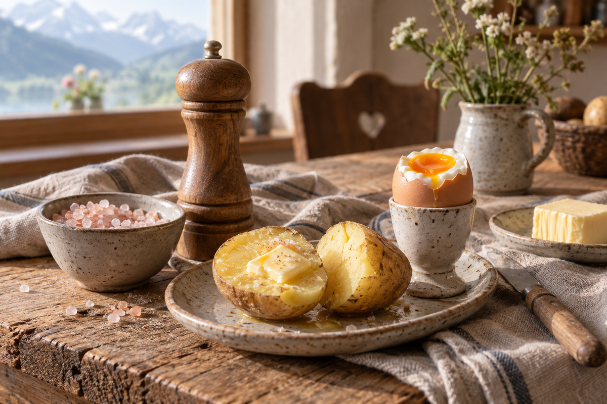 Grobes Ursalz in einer Keramikschale mit Salzmühle, dazu Pellkartoffeln und ein Ei