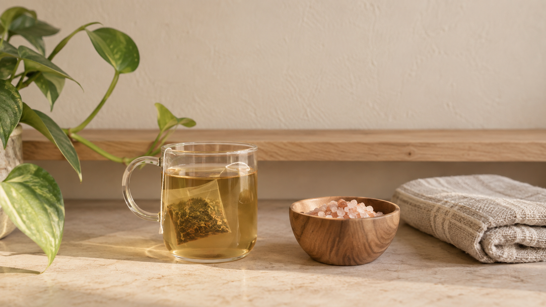 Kräutertee, Badesalz und Handtuch am Morgen