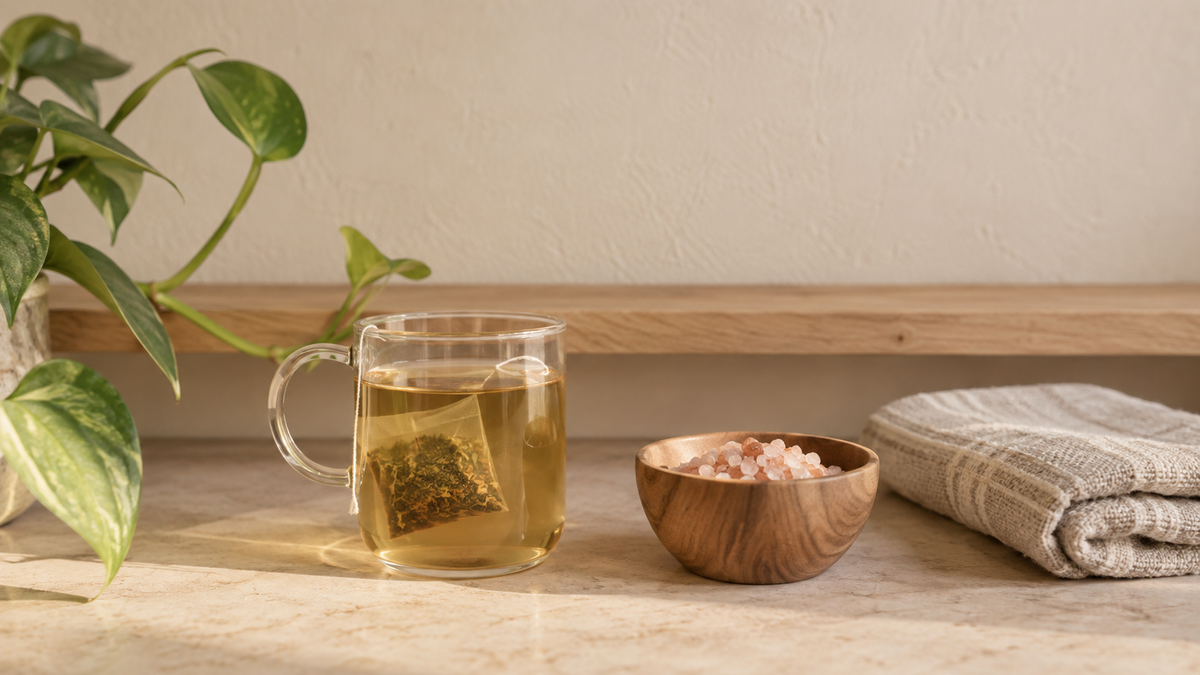 Kräutertee, Badesalz und Handtuch am Morgen