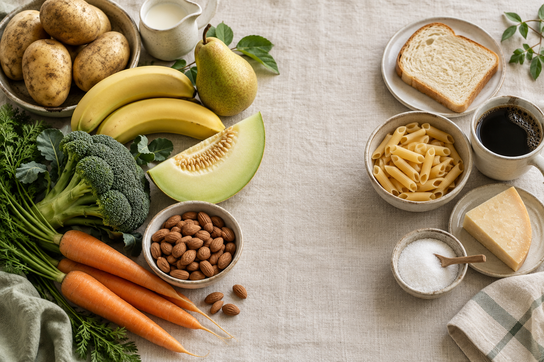 Basische Lebensmittel wie Kartoffeln, Bananen, Melone, Brokkoli und Mandeln neben säurebildenden wie Brot, Pasta, Kaffee, Käse und Zucker