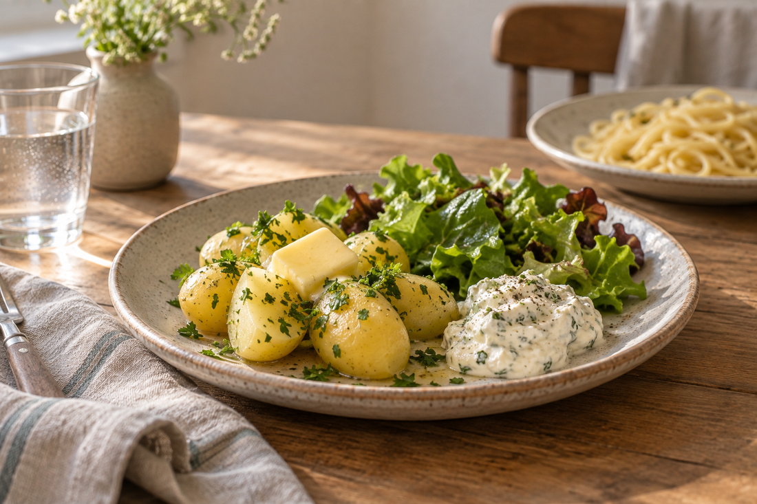 Petersilienkartoffeln mit schmelzender Butter und grünem Salat, im Hintergrund ein Teller Pasta