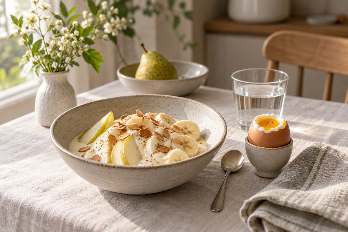 Basisches Frühstück: Birne und Banane mit Sahne und Mandelblättchen, dazu ein weiches Ei und ein Glas Wasser