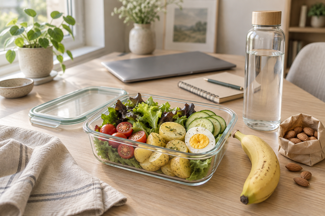 Glasdose mit Salat, Kartoffeln und Ei auf dem Bürotisch, daneben Banane, Mandeln und eine Wasserflasche