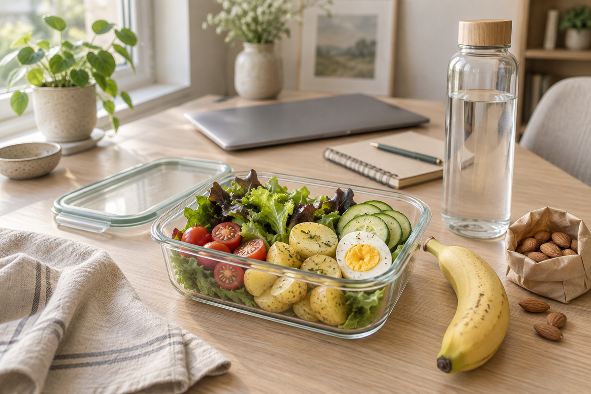 Glasdose mit Salat, Kartoffeln und Ei auf dem Bürotisch, daneben Banane, Mandeln und eine Wasserflasche
