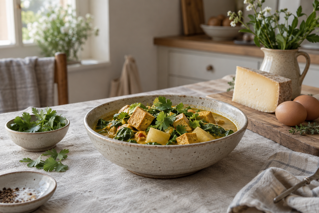 Gemüse-Curry mit Tofuwürfeln und Kartoffeln in einer Schale, daneben ein Stück Vollfettkäse und zwei Eier