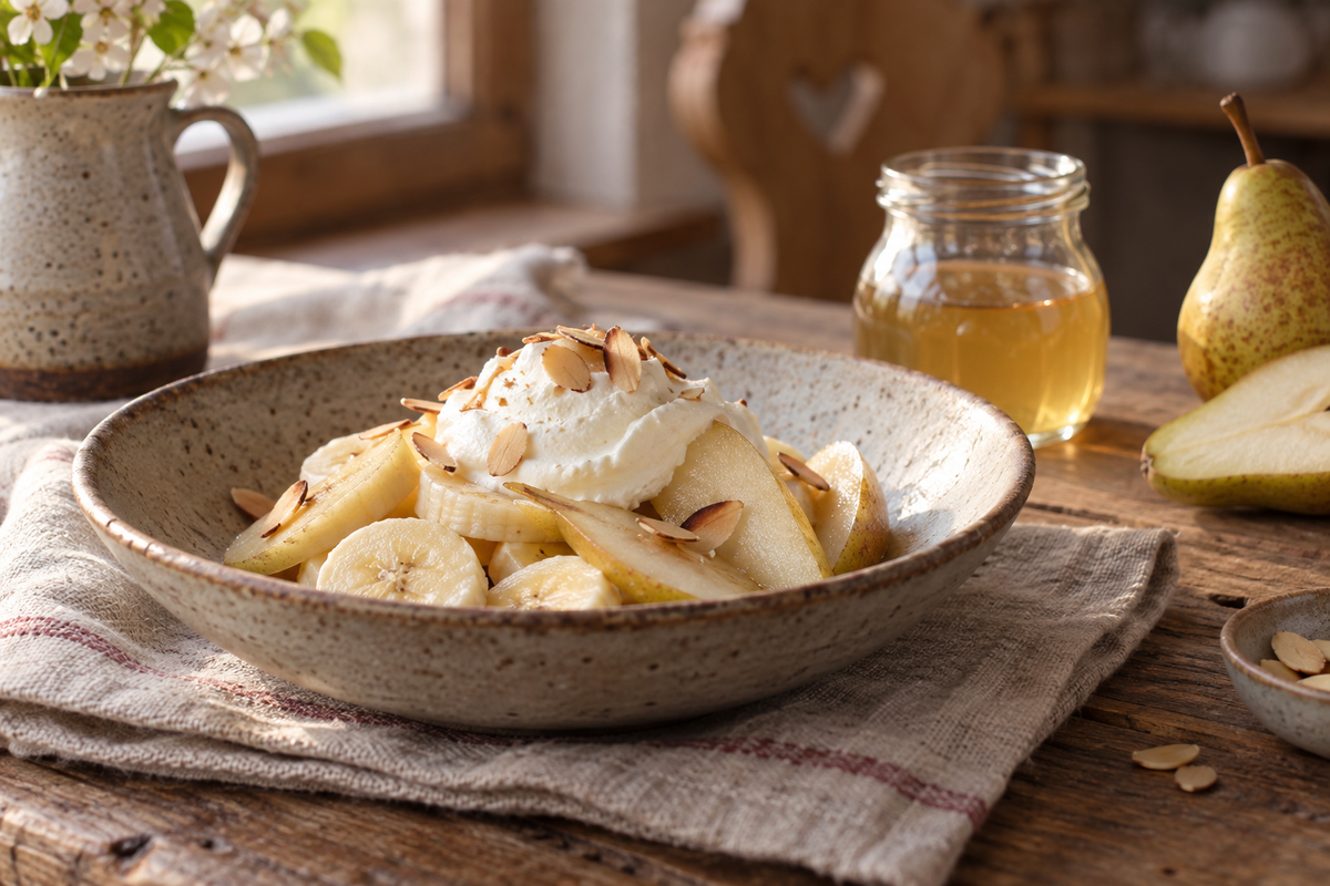 Banane und Birne mit Sahne und Mandelsplittern in einer Keramikschale