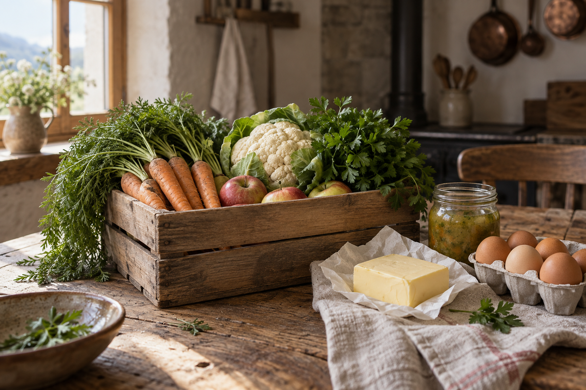 Holzkiste mit Bio-Gemüse, Äpfeln, Butter und Eiern auf einem Leinentuch