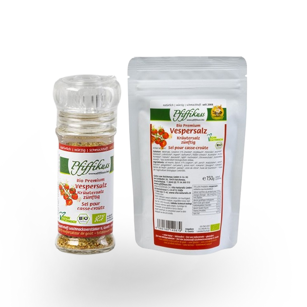 KOMBI Pfiffikuss BIO Vespersalz zünftig, Mühle 50 g + Nachfüller 150 g