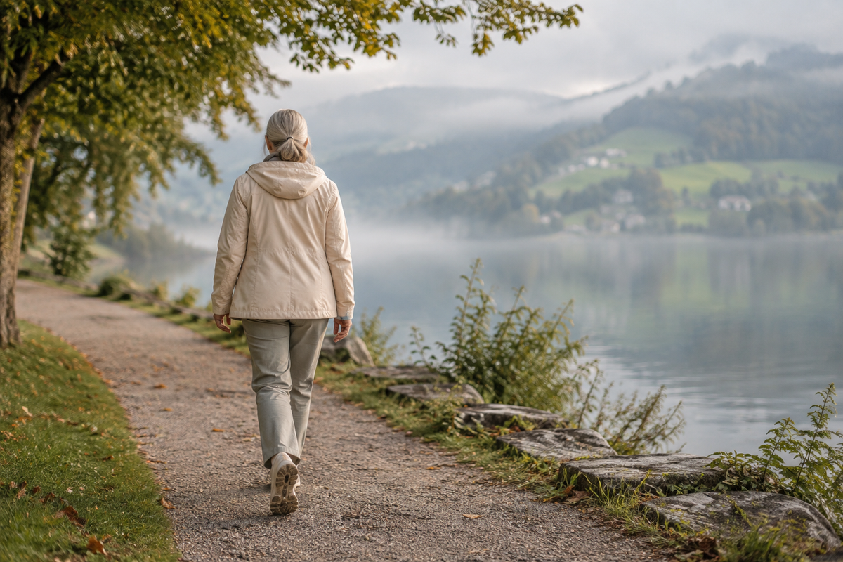 Eine Frau spaziert am Morgen einem Schweizer See entlang