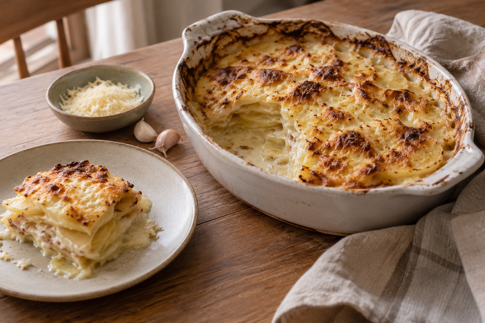 Kartoffelgratin mit goldbrauner Käsekruste in einer Gratinform