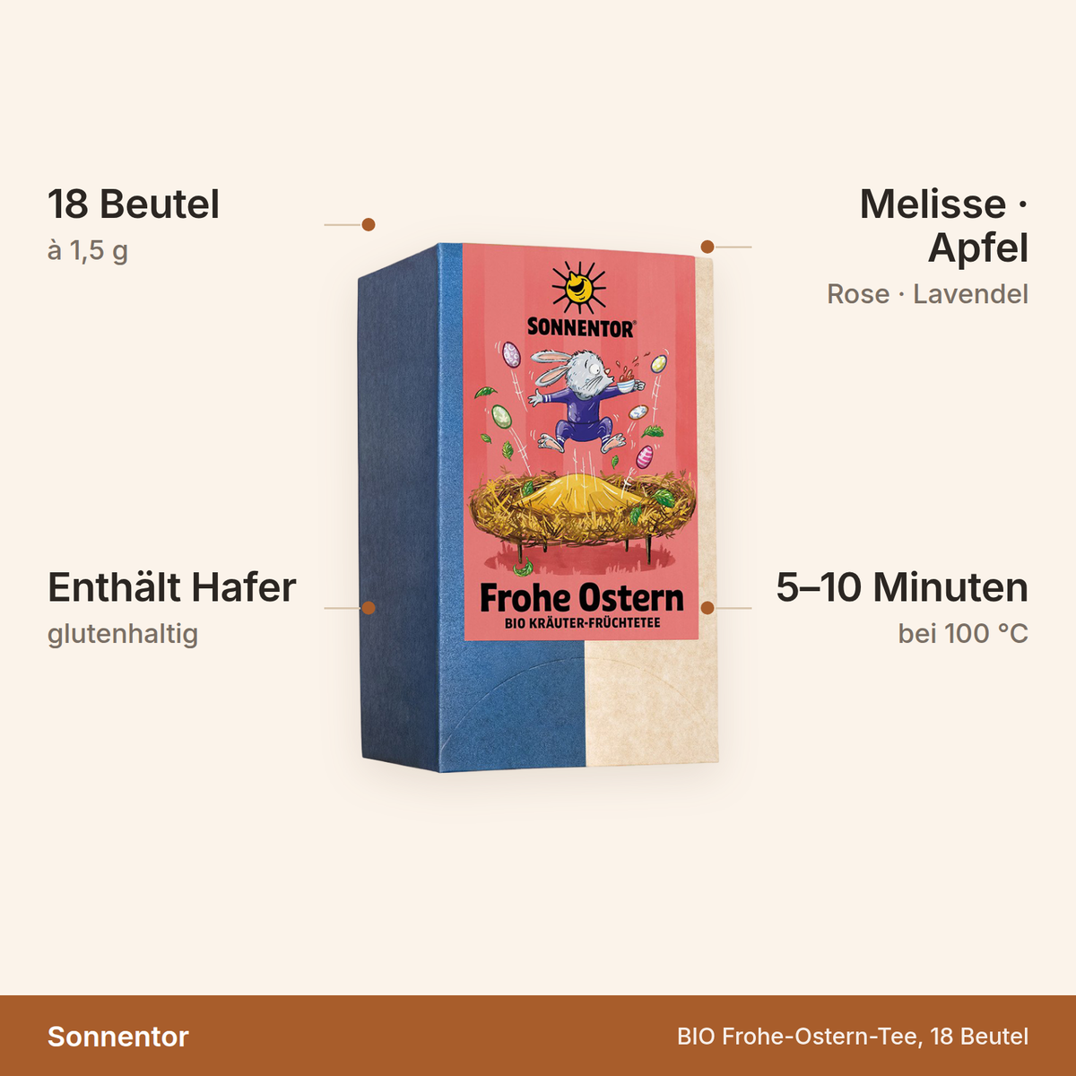 Sonnentor BIO Frohe-Ostern-Tee – 18 Beutel à 1,5 g mit Melisse, Apfel, Rose und Lavendel, enthält Hafer, 5 bis 10 Minuten bei 100 Grad ziehen lassen