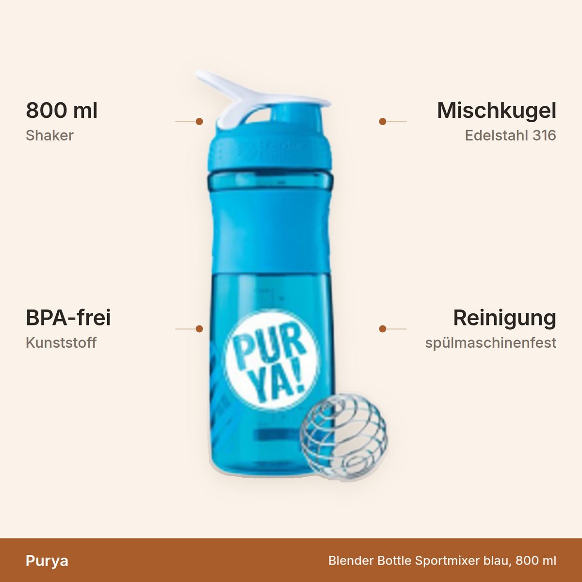 Purya Blender Bottle Sportmixer blau – 800 ml aus BPA-freiem Kunststoff mit Mischkugel aus Edelstahl 316, spülmaschinenfest
