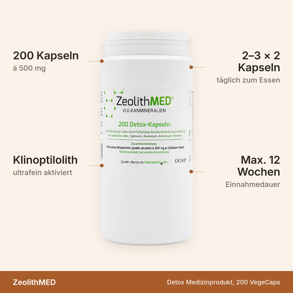 ZeolithMED Detox Medizinprodukt – 200 Kapseln à 500 mg ultrafein aktiviertes Klinoptilolith, 2- bis 3-mal täglich 2 Kapseln, maximal 12 Wochen Einnahmedauer