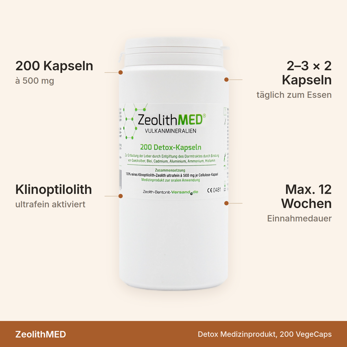 ZeolithMED Detox Medizinprodukt – 200 Kapseln à 500 mg ultrafein aktiviertes Klinoptilolith, 2- bis 3-mal täglich 2 Kapseln, maximal 12 Wochen Einnahmedauer