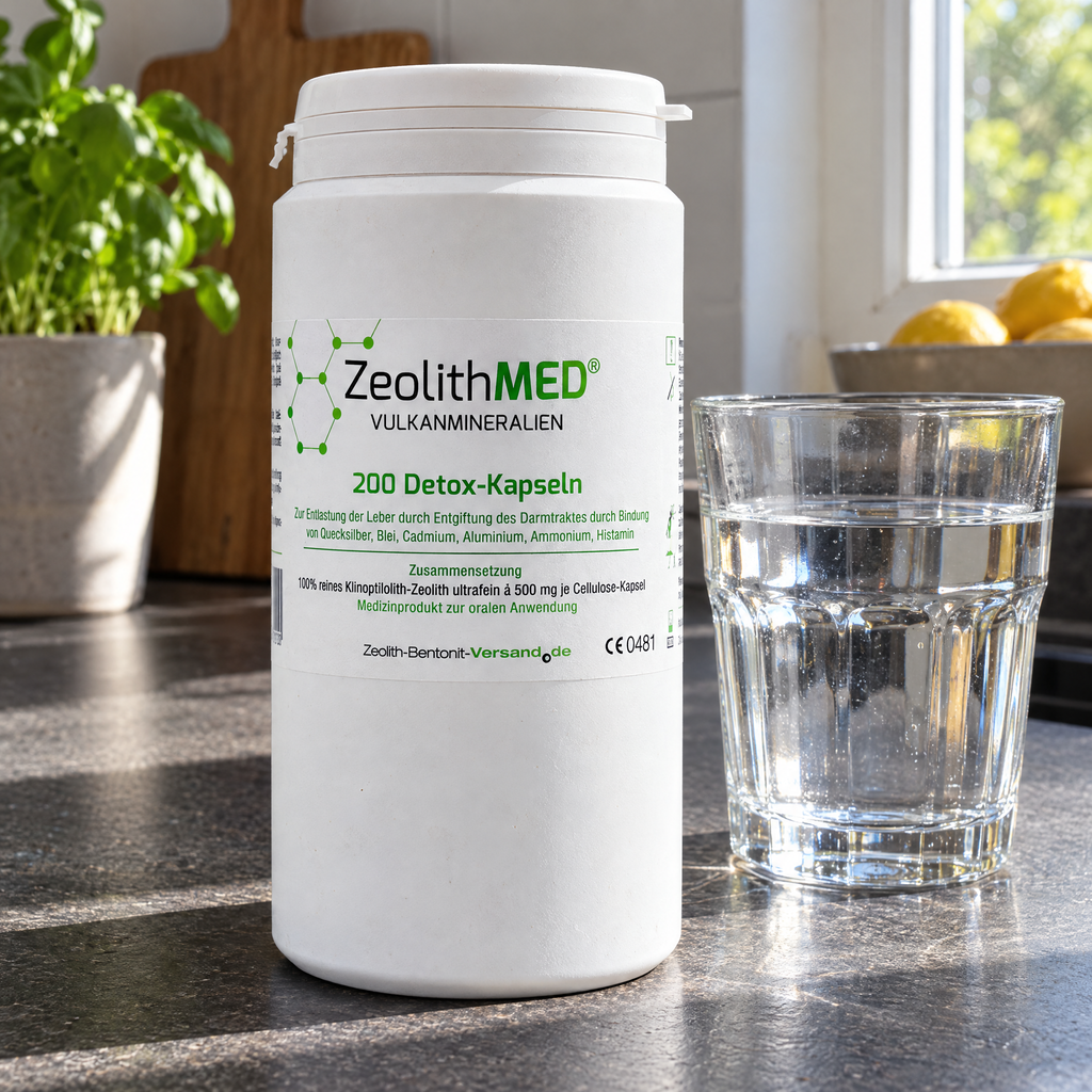 ZeolithMED Detox Medizinprodukt, 200 VegeCaps – auf der Küchenablage neben einem gefüllten Glas Wasser