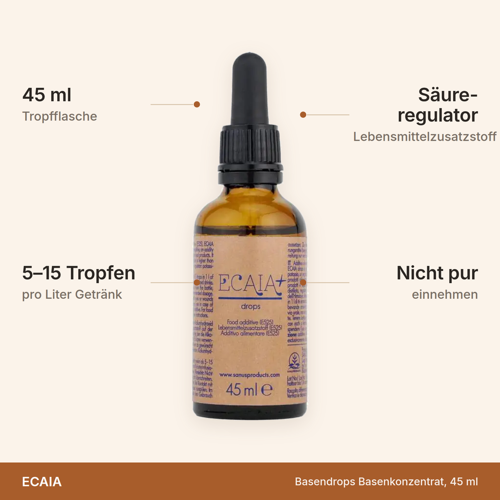 ECAIA Basendrops Basenkonzentrat – 45 ml Tropfflasche, 5 bis 15 Tropfen pro Liter Getränk, Säureregulator als Lebensmittelzusatzstoff, nicht pur einnehmen