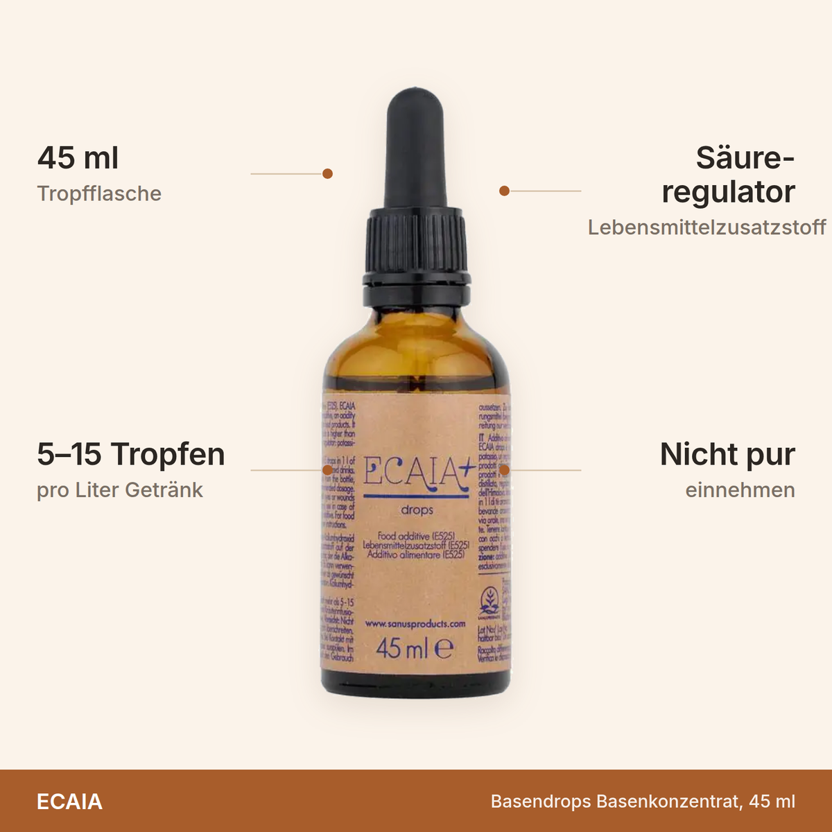 ECAIA Basendrops Basenkonzentrat – 45 ml Tropfflasche, 5 bis 15 Tropfen pro Liter Getränk, Säureregulator als Lebensmittelzusatzstoff, nicht pur einnehmen