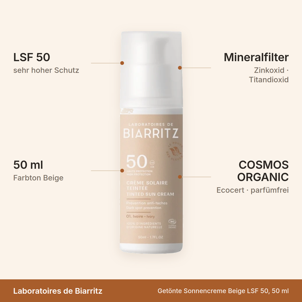Laboratoires de Biarritz Getönte Sonnencreme Beige – LSF 50 mit sehr hohem Schutz, 50 ml im Farbton Beige, mineralische Filter aus Zinkoxid und Titandioxid, COSMOS ORGANIC