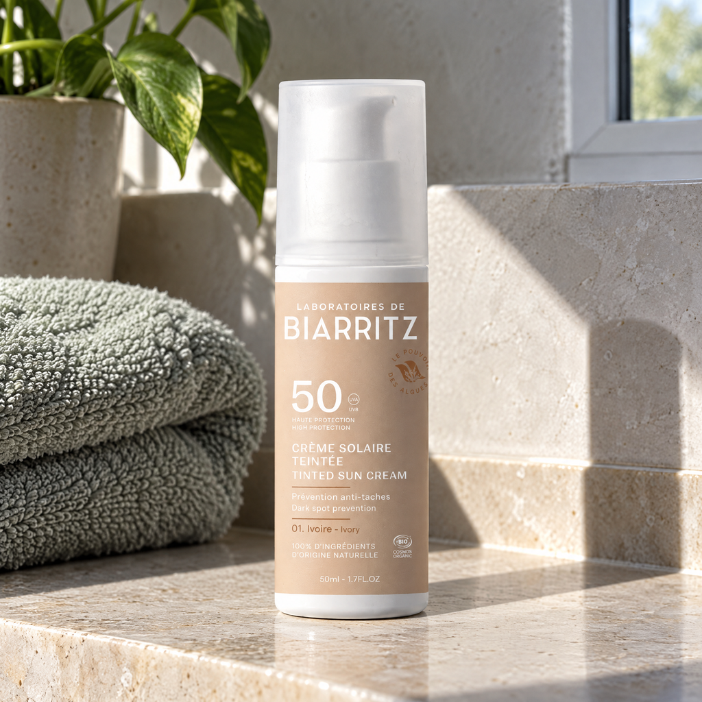 Laboratoires de Biarritz Getönte Sonnencreme Beige LSF 50, 50 ml – auf einem Badezimmerbrett neben gefalteten Tüchern