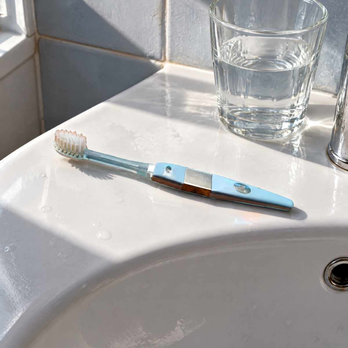 Kiss You Ionen-Zahnbürste Medium – auf dem Rand eines Keramik-Waschbeckens neben einem Glas