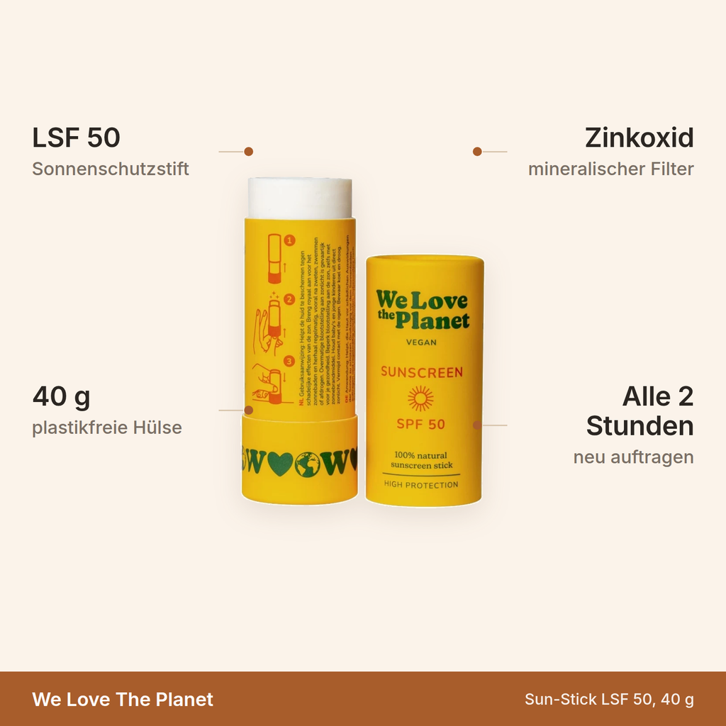 We Love The Planet Sun-Stick – LSF 50 Sonnenschutzstift, 40 g in plastikfreier Hülse, mineralischer Filter aus Zinkoxid, alle 2 Stunden neu auftragen