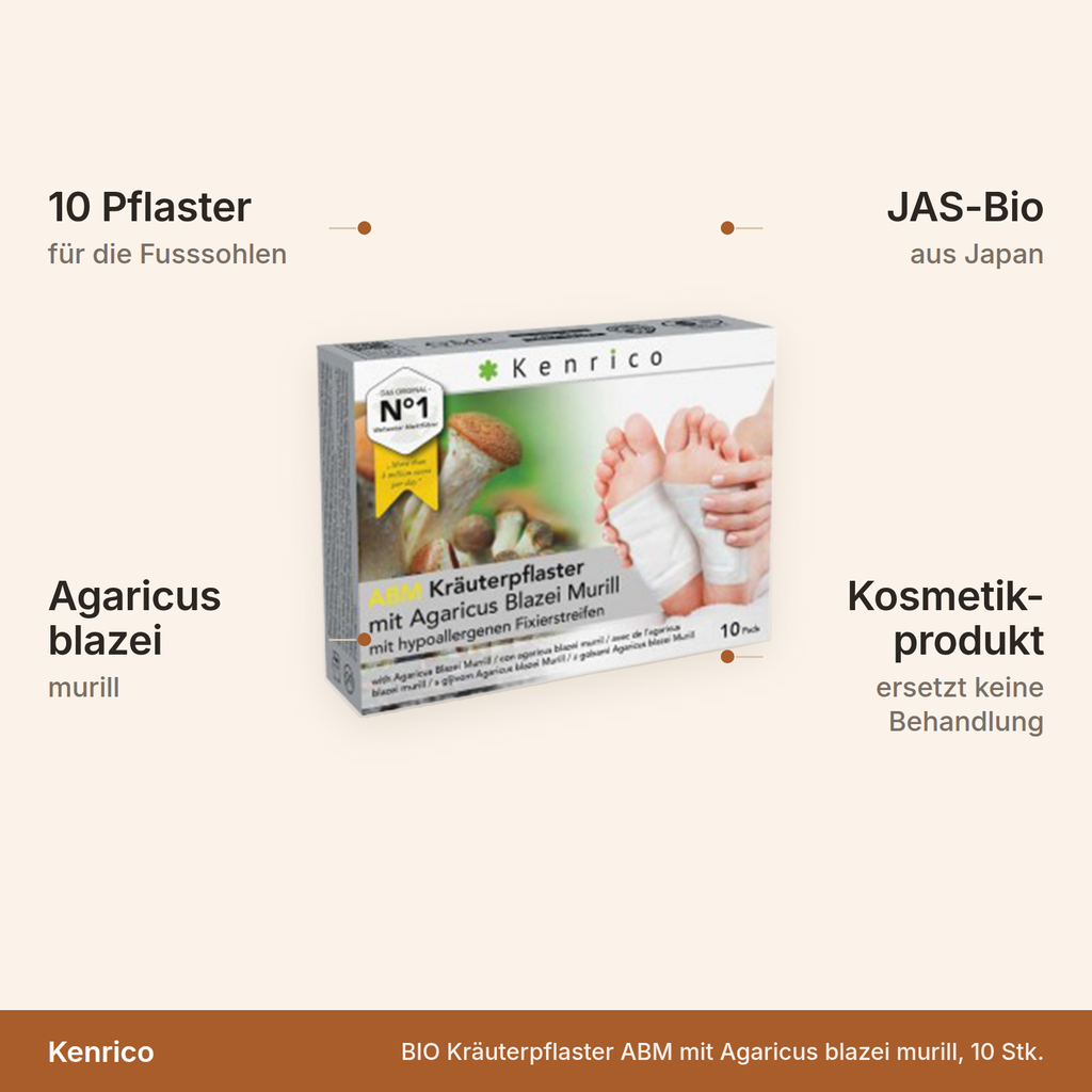 Kenrico Kräuterpflaster ABM – 10 Pflaster für die Fusssohlen mit Agaricus blazei murill, JAS-zertifizierte Bio-Inhaltsstoffe aus Japan, Kosmetikprodukt ohne medizinische Wirkung