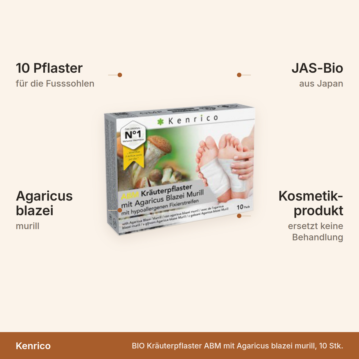 Kenrico Kräuterpflaster ABM – 10 Pflaster für die Fusssohlen mit Agaricus blazei murill, JAS-zertifizierte Bio-Inhaltsstoffe aus Japan, Kosmetikprodukt ohne medizinische Wirkung