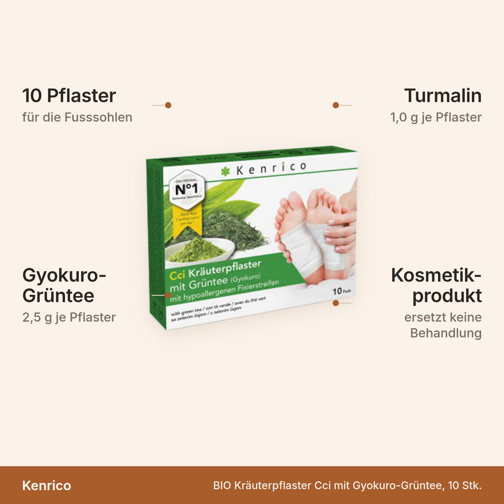 Kenrico Kräuterpflaster Cci – 10 Pflaster für die Fusssohlen mit 2,5 g Gyokuro-Grüntee und 1,0 g Turmalin je Pflaster, Kosmetikprodukt ohne medizinische Wirkung