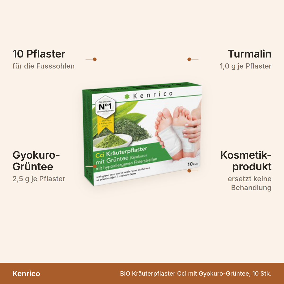 Kenrico Kräuterpflaster Cci – 10 Pflaster für die Fusssohlen mit 2,5 g Gyokuro-Grüntee und 1,0 g Turmalin je Pflaster, Kosmetikprodukt ohne medizinische Wirkung