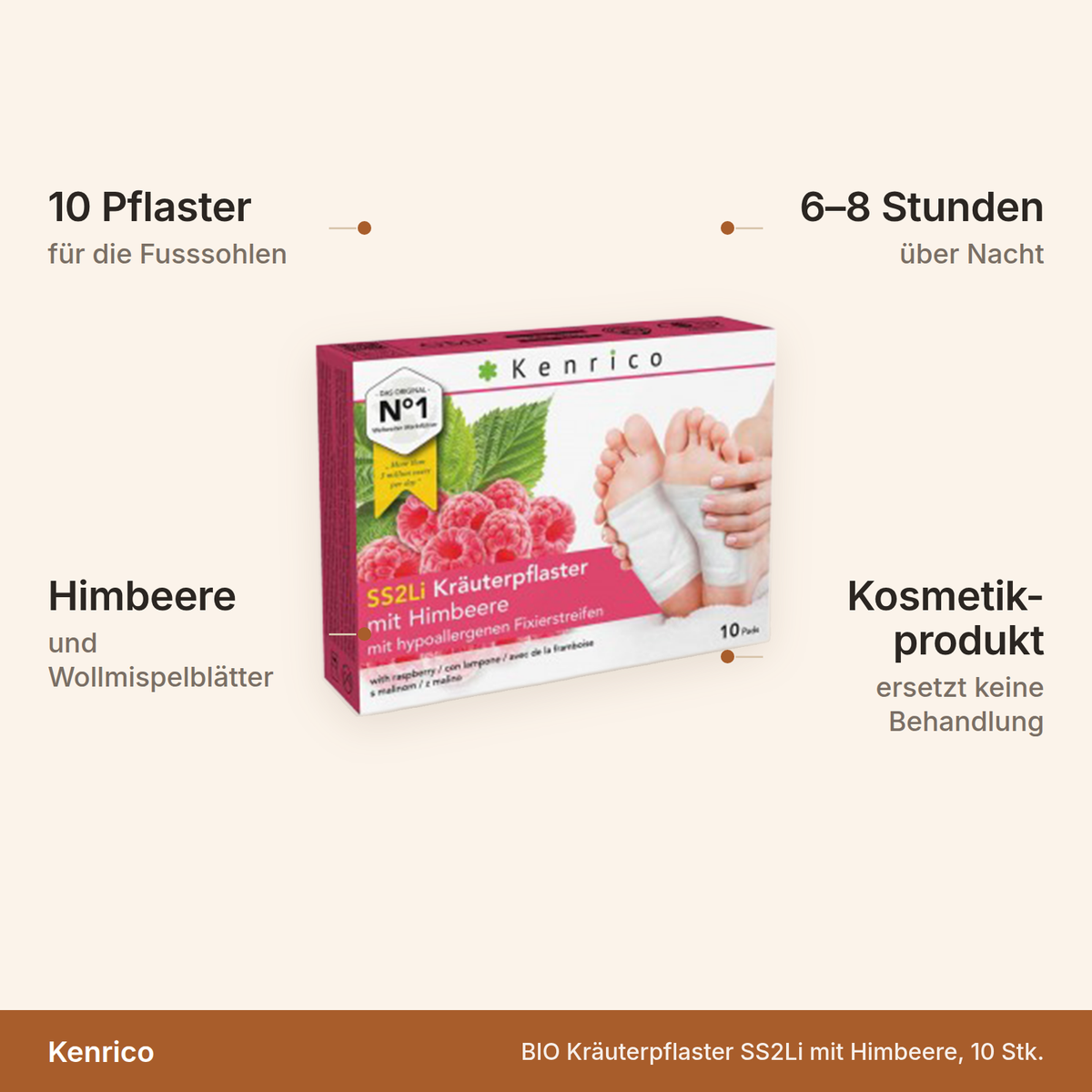 Kenrico Kräuterpflaster SS2Li – 10 Pflaster für die Fusssohlen mit Himbeere und Wollmispelblättern, 6 bis 8 Stunden über Nacht, Kosmetikprodukt ohne medizinische Wirkung