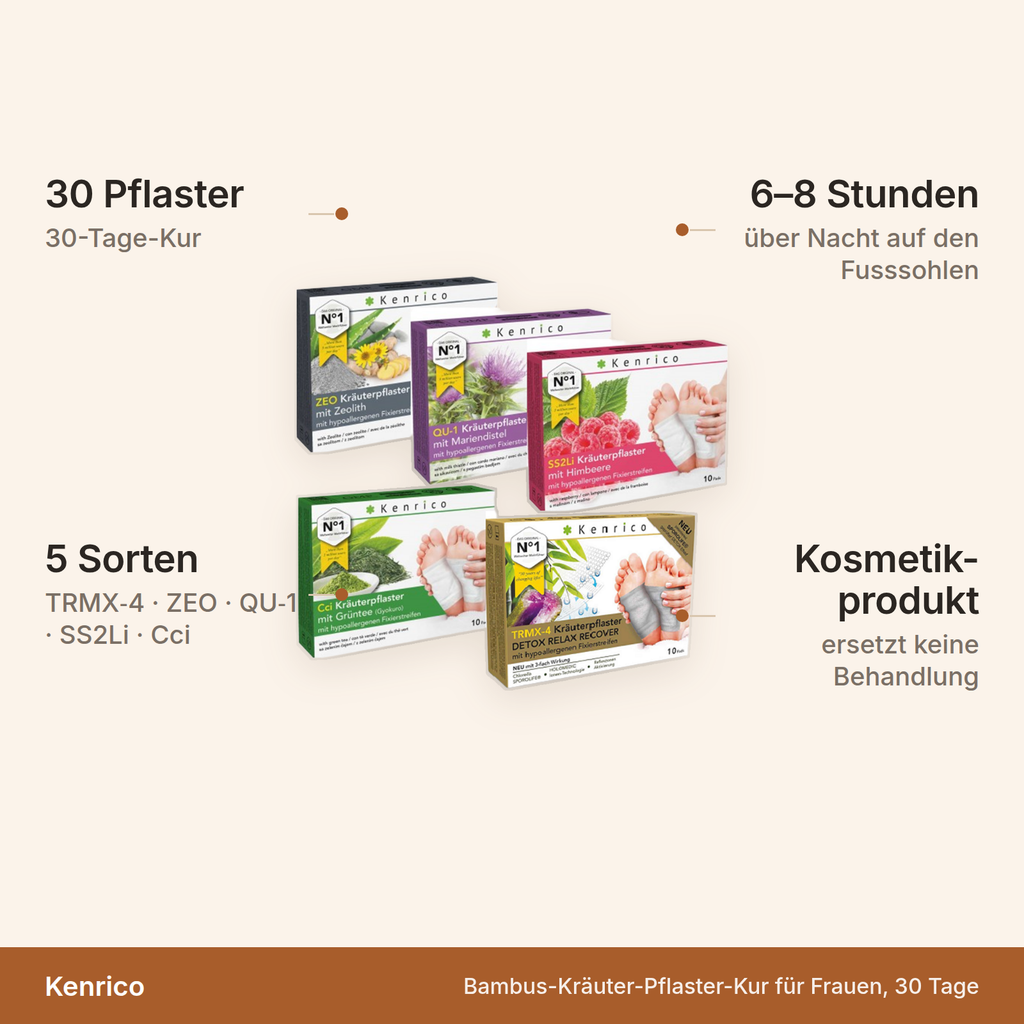 Kenrico Pflaster-Kur für Frauen – 30 Pflaster als 30-Tage-Kur aus fünf Sorten, 6 bis 8 Stunden über Nacht auf den Fusssohlen, Kosmetikprodukt ohne medizinische Wirkung
