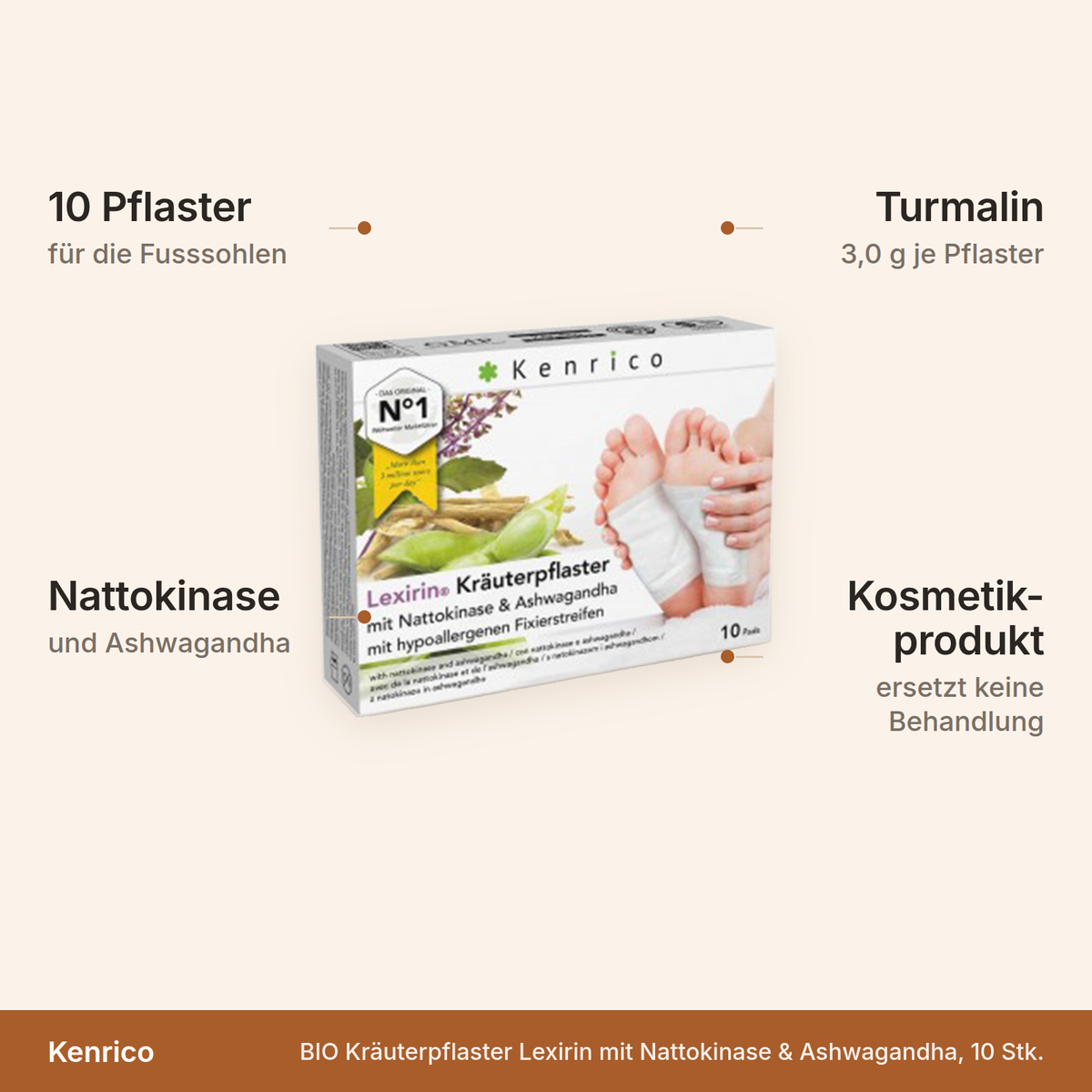 Kenrico Kräuterpflaster Lexirin – 10 Pflaster für die Fusssohlen mit Nattokinase, Ashwagandha und 3,0 g Turmalin je Pflaster, Kosmetikprodukt ohne medizinische Wirkung