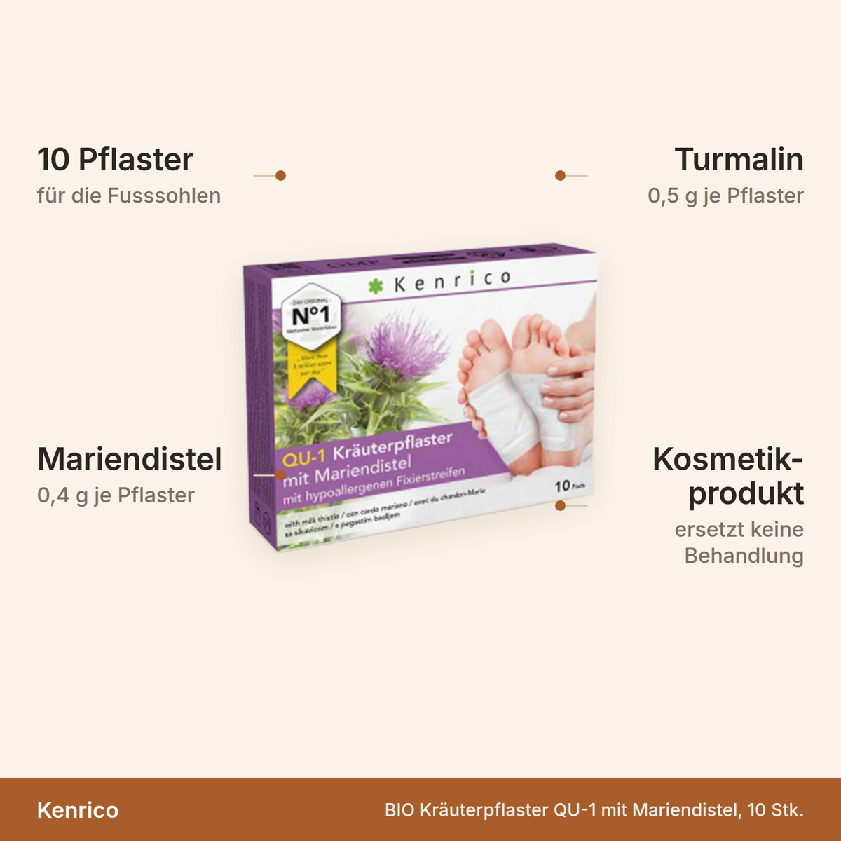 Kenrico Kräuterpflaster QU-1 – 10 Pflaster für die Fusssohlen mit 0,4 g Mariendistel und 0,5 g Turmalin je Pflaster, Kosmetikprodukt ohne medizinische Wirkung