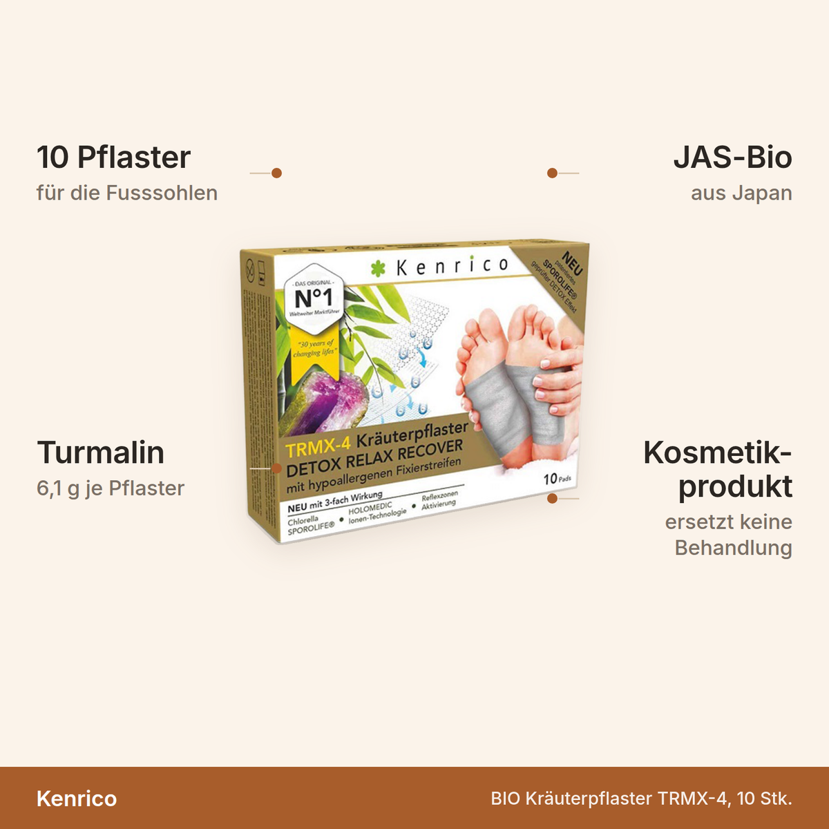 Kenrico Kräuterpflaster TRMX-4 – 10 Pflaster für die Fusssohlen mit 6,1 g Turmalin je Pflaster, JAS-zertifizierte Bio-Inhaltsstoffe aus Japan, Kosmetikprodukt ohne medizinische Wirkung