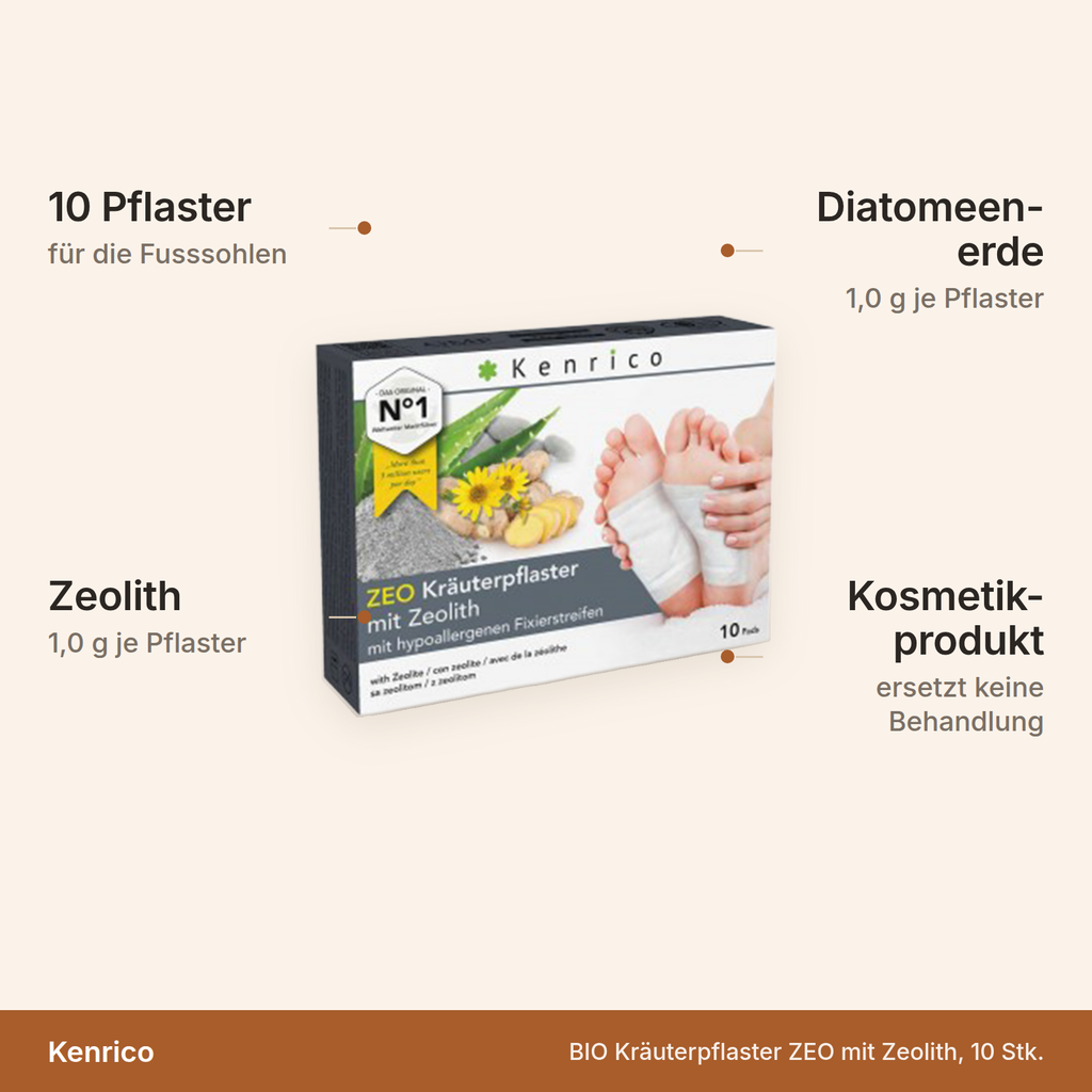 Kenrico Kräuterpflaster ZEO – 10 Pflaster für die Fusssohlen mit je 1,0 g Zeolith und 1,0 g Diatomeenerde, Kosmetikprodukt ohne medizinische Wirkung
