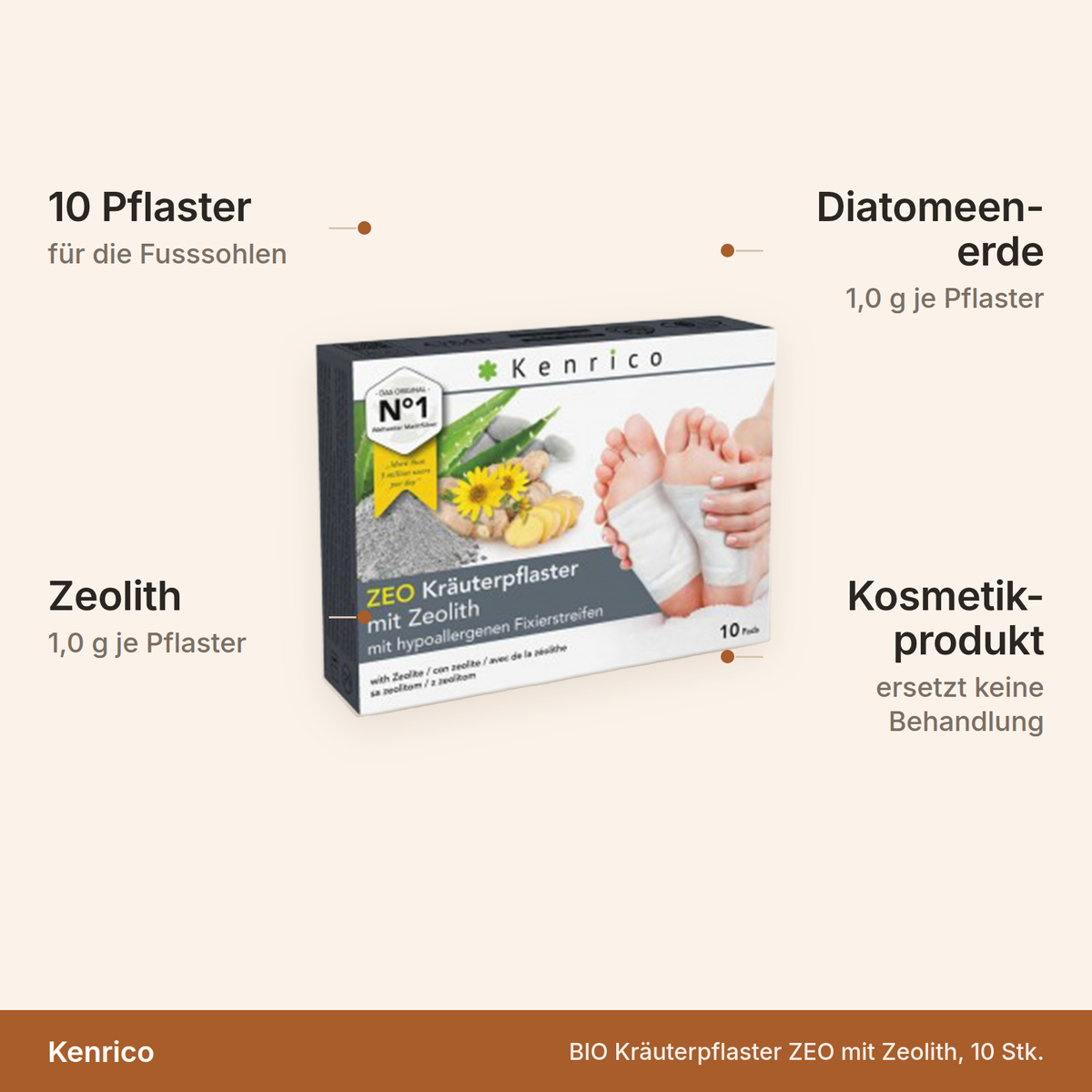 Kenrico Kräuterpflaster ZEO – 10 Pflaster für die Fusssohlen mit je 1,0 g Zeolith und 1,0 g Diatomeenerde, Kosmetikprodukt ohne medizinische Wirkung