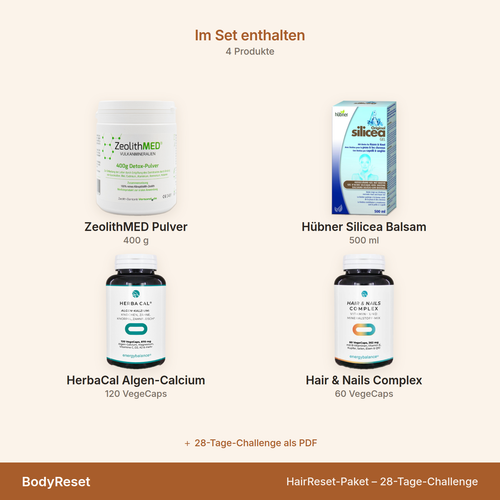 BodyReset HairReset-Paket – 28-Tage-Challenge – Übersicht der 4 enthaltenen Produkte mit Mengenangaben