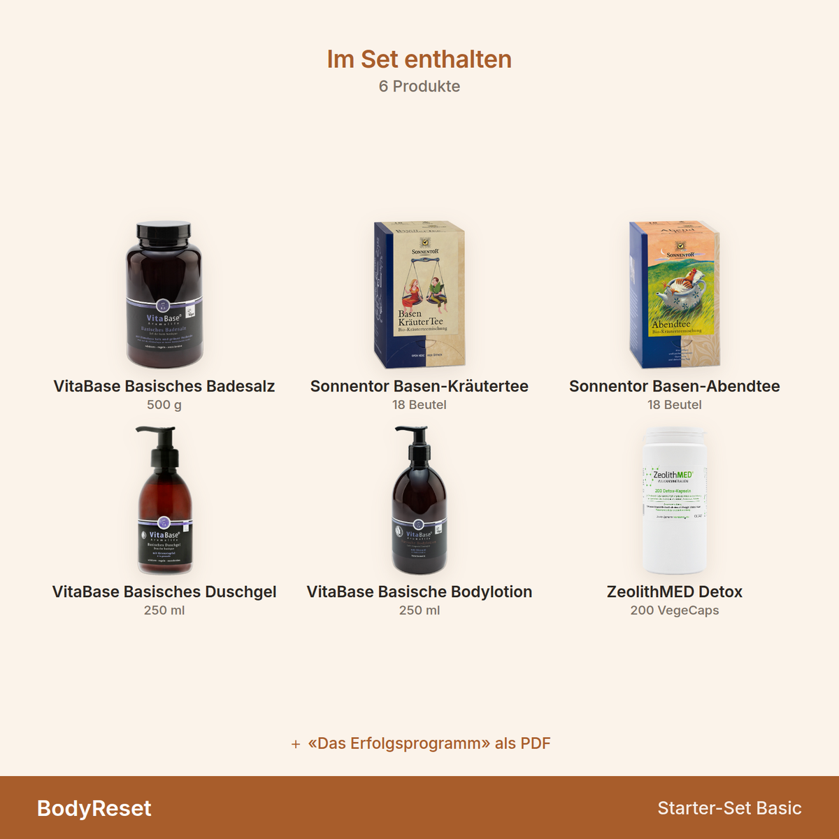 BodyReset Starter-Set Basic – Übersicht der 6 enthaltenen Produkte mit Mengenangaben