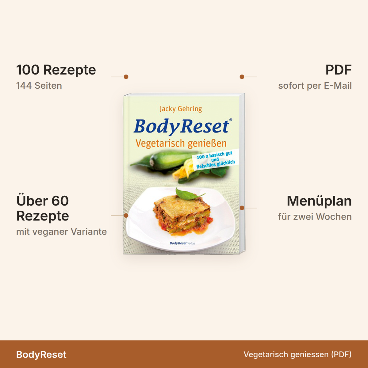 BodyReset Vegetarisch geniessen als PDF – 100 Rezepte auf 144 Seiten, über 60 mit veganer Variante, Menüplan für zwei Wochen