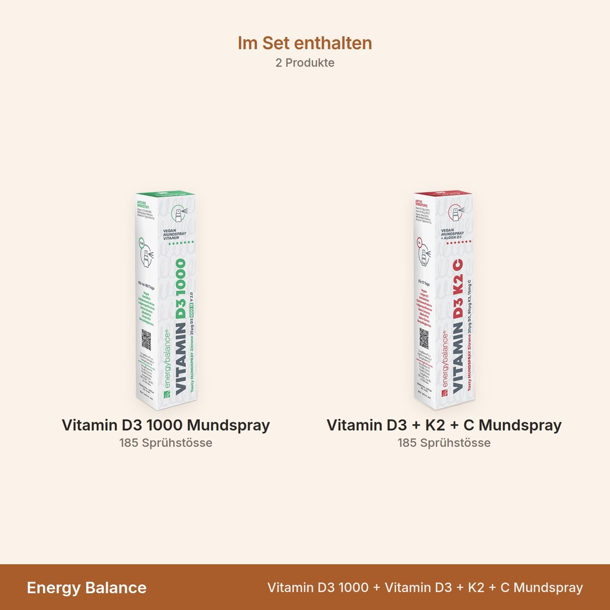Energy Balance Vitamin D3 1000 + Vitamin D3 + K2 + C Mundspray – Übersicht der enthaltenen Produkte mit Mengenangaben