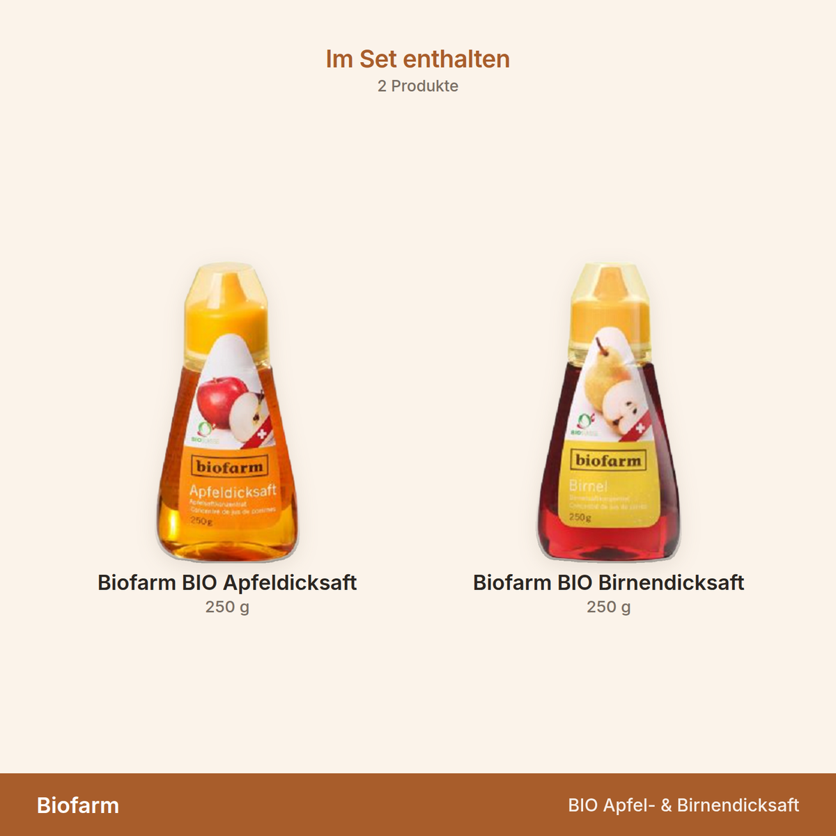 Biofarm BIO Apfel- & Birnendicksaft – Übersicht der enthaltenen Produkte mit Mengenangaben