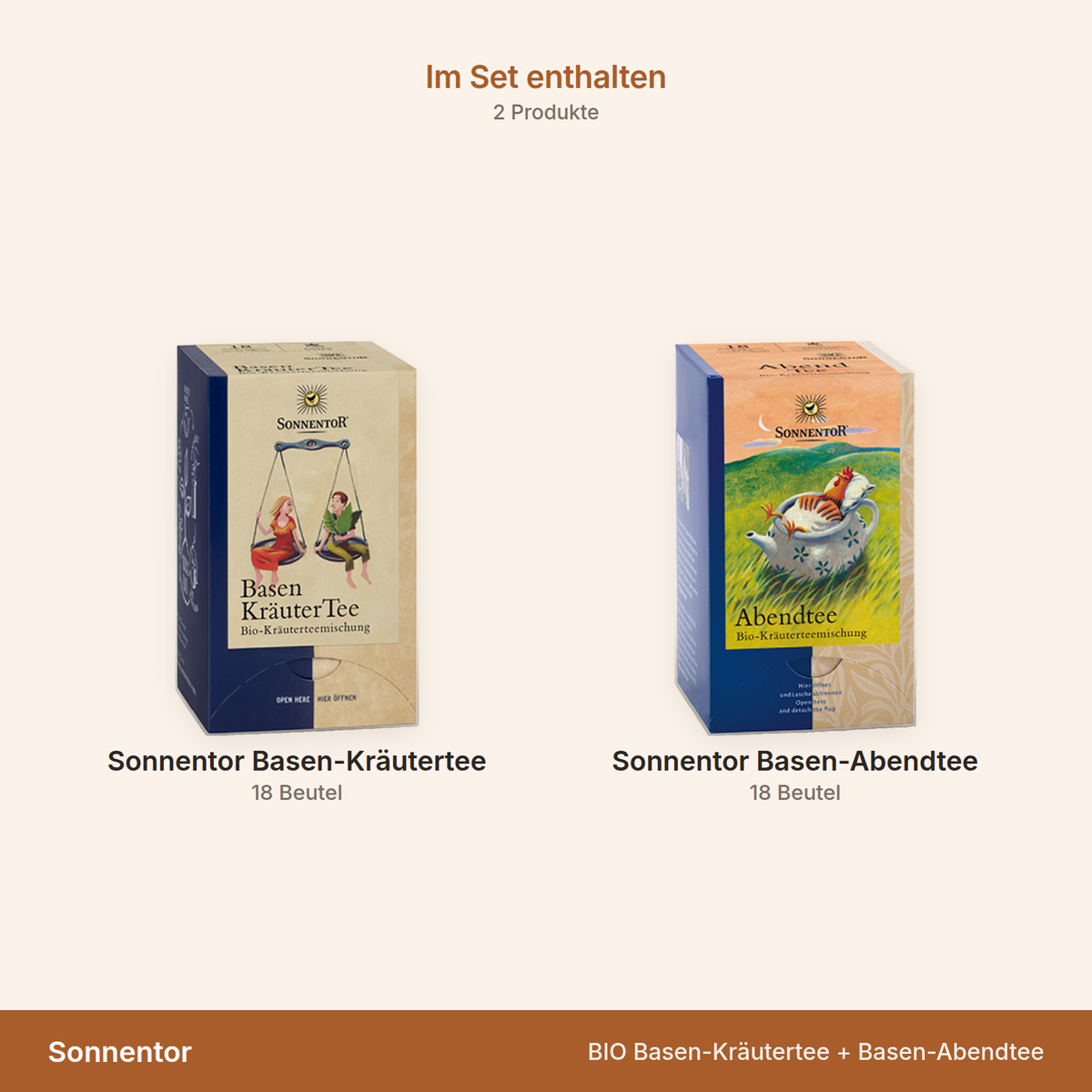 Sonnentor BIO Basen-Kräutertee + Basen-Abendtee – Übersicht der enthaltenen Produkte mit Mengenangaben