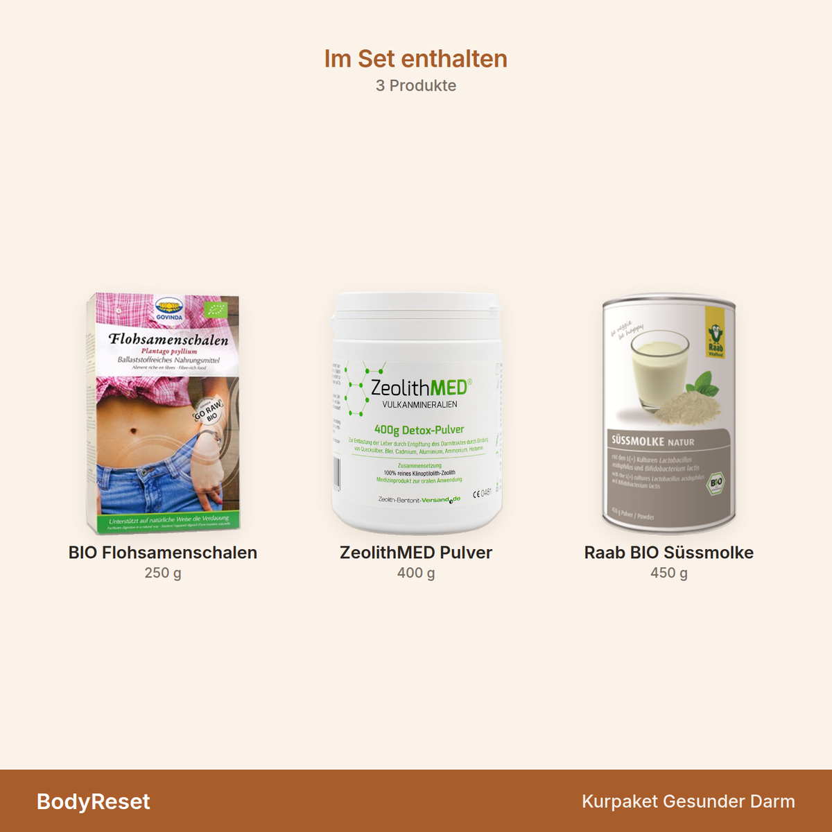 BodyReset Kurpaket Gesunder Darm – Übersicht der enthaltenen Produkte mit Mengenangaben