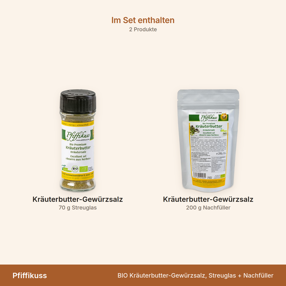 Pfiffikuss BIO Kräuterbutter-Gewürzsalz, Streuglas + Nachfüller – Übersicht der enthaltenen Produkte mit Mengenangaben