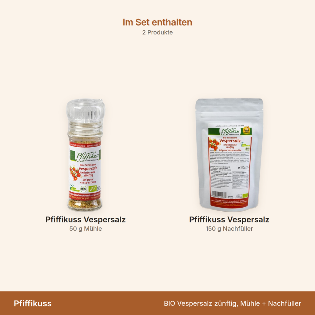 Pfiffikuss BIO Vespersalz zünftig, Mühle + Nachfüller – Übersicht der enthaltenen Produkte mit Mengenangaben