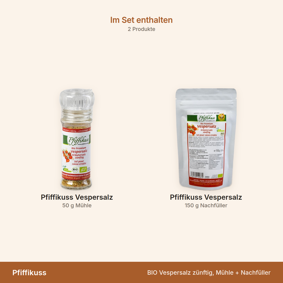 Pfiffikuss BIO Vespersalz zünftig, Mühle + Nachfüller – Übersicht der enthaltenen Produkte mit Mengenangaben